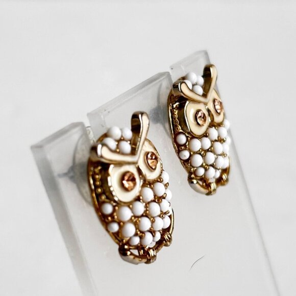 Vintage Owl Earrings Stud Gold Tone Rhinestones Enamel Metal 0.75" Fall Glamor - Picture 2 of 4